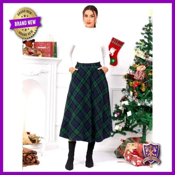 Wool Plaid A-Line Maxi Skirt with Elastic Waist and Pocket - Picture 4 of 7